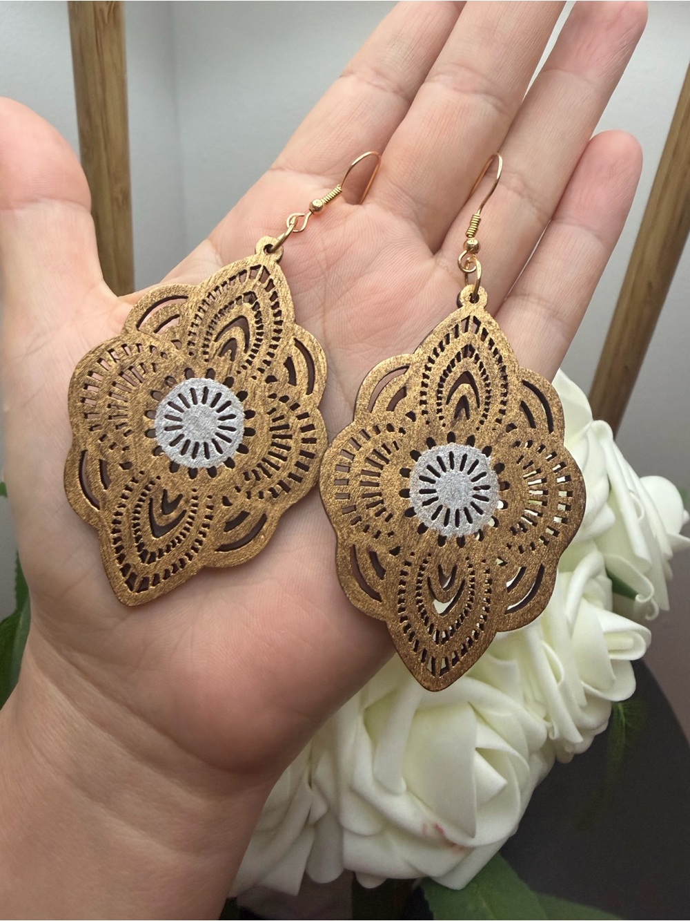 Gold Filigree Drop Earrings with Silver Center - Women's Jewelry